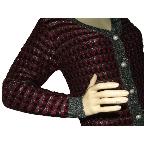 Womens Medium Red Black Gold Woven Plaid Acrylic Button Front Cardigan Sweater m - Picture 4 of 7